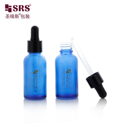 주문 D001-50ml 코팅 블루 투명 유리 에센셜 오일 병 톡톡 튀는 검정 드롭퍼 다중 용량 아로마테라피 제품 온라인 제조