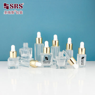 주문 D1229-5ml 텅 빈 사각형 맑은 유리 병 반짝이는 금 금 금속 알루미늄 드롭퍼 캡 스크루 타입 흰색 실리콘 램프 향기 온라인 제조