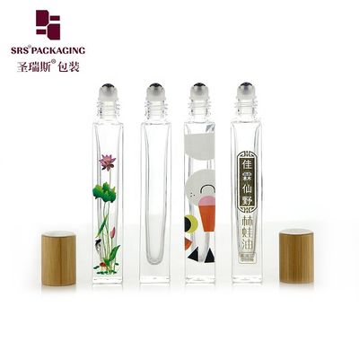 주문 10ml High End Empty Square Glass Roll On Bottle with Bamboo Wooden Cap and 3D Printing Logo Service for Perfume Oil Serum 온라인 제조